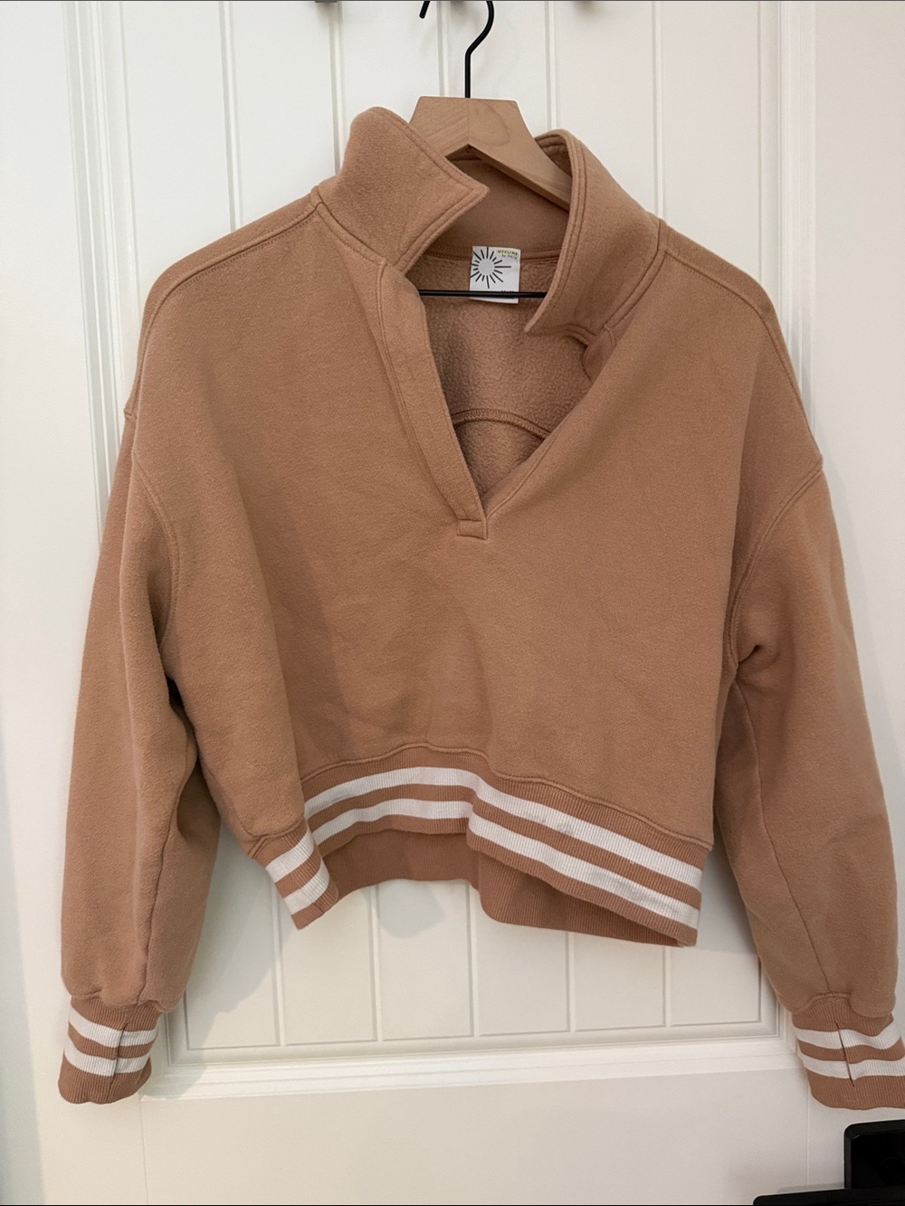 Cropped Tan V-Neck Quarter-Zip Sweater with Stripe Hem